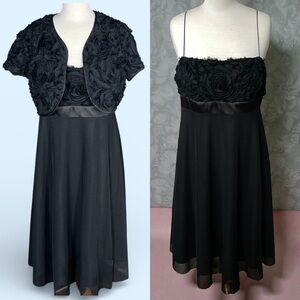 JS Boutique Vintage Black Dress w/ Bolero Floral Appliqué Jacket Size 12